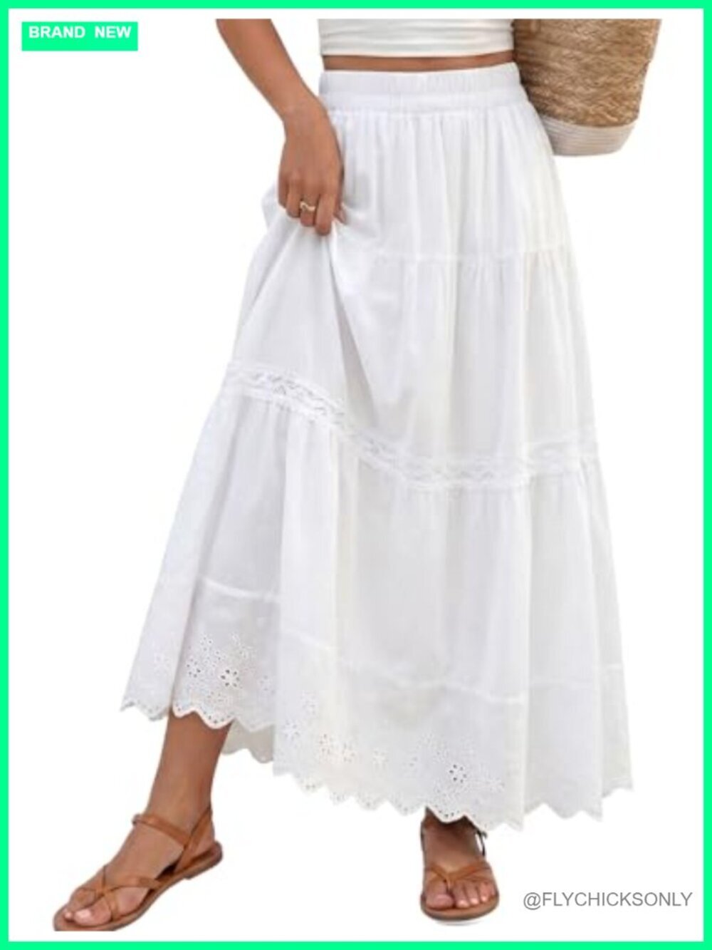 Flowy Tiered Maxi Skirt with Lace Trim High Waisted Elastic Boho Beach Vacation